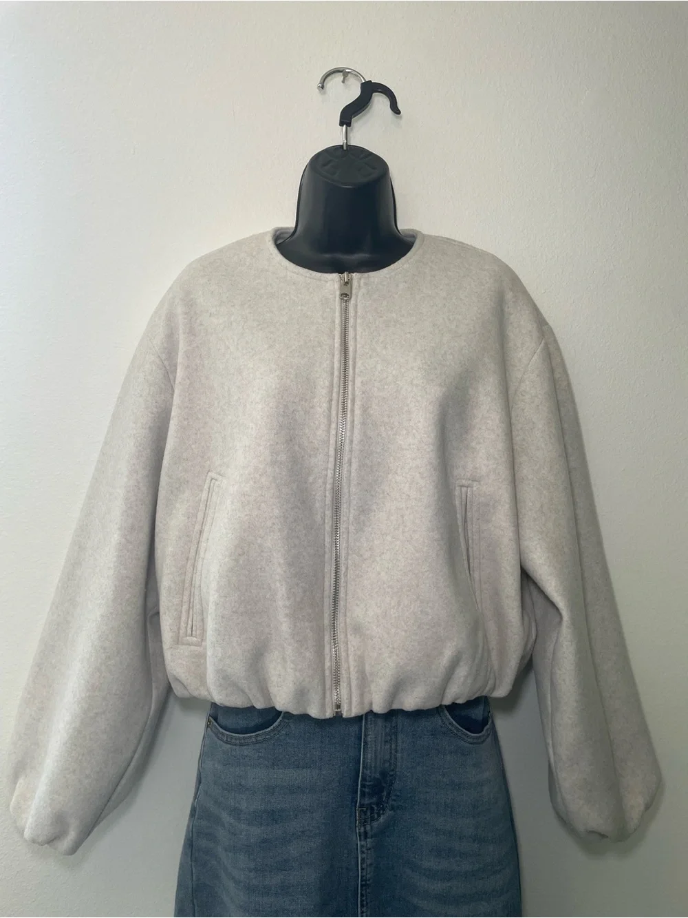 Zara Oatmeal Fleece Zip Bomber Jacket M Minimalist Quiet Luxury Balloon Sleeve